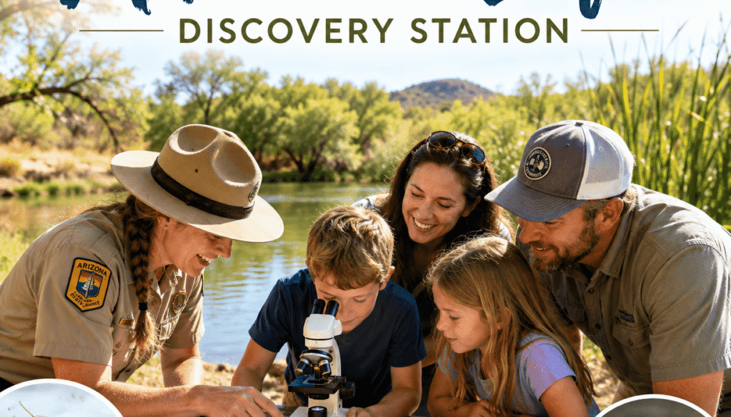 Families and a park ranger looking through a microscope at aquatic life beside the Hassayampa River Preserve in Wickenburg.