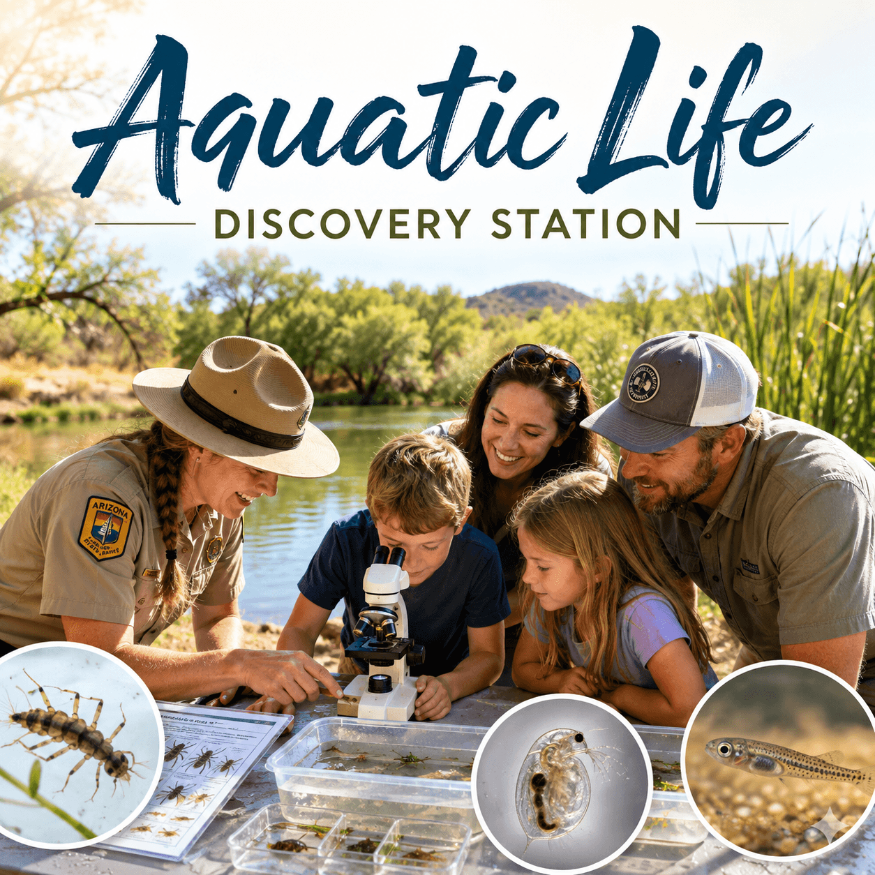 Families and a park ranger looking through a microscope at aquatic life beside the Hassayampa River Preserve in Wickenburg.