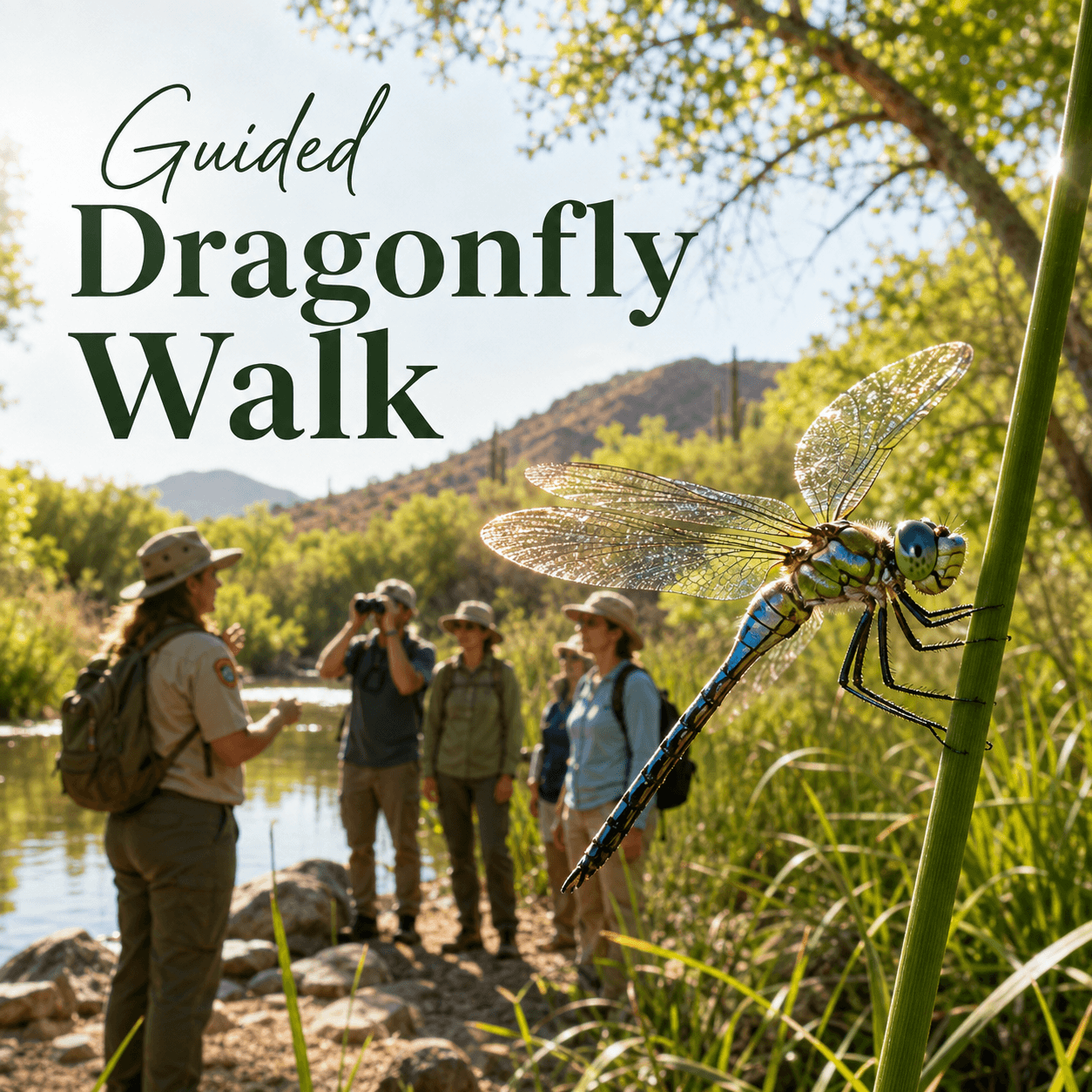A colorful dragonfly near the water at Hassayampa River Preserve while visitors join a guided nature walk.