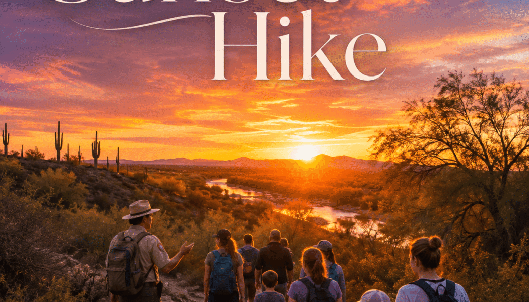 A guided group hiking at Hassayampa River Preserve during a dramatic Wickenburg sunset.
