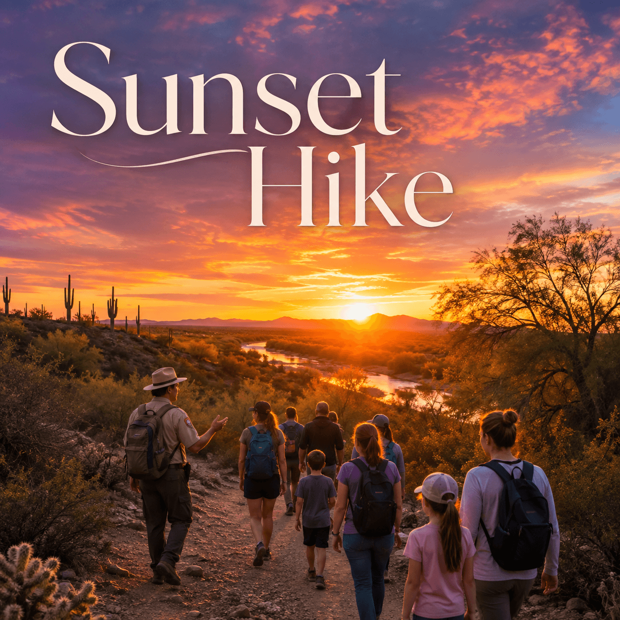 A guided group hiking at Hassayampa River Preserve during a dramatic Wickenburg sunset.