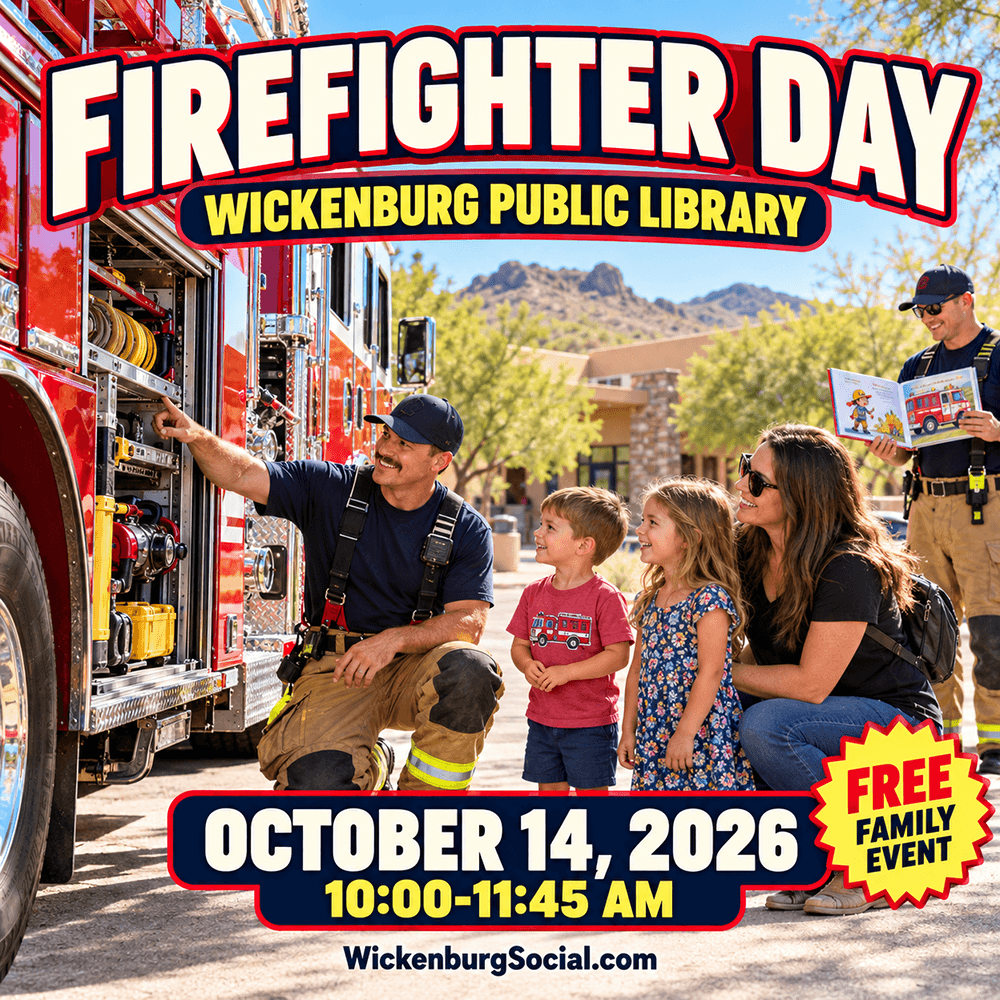 Firefighter Day at Wickenburg Library copy Firefighter Day event artwork showing firefighters and children beside a fire truck, with the October 14 date and Wickenburg Public Library location.