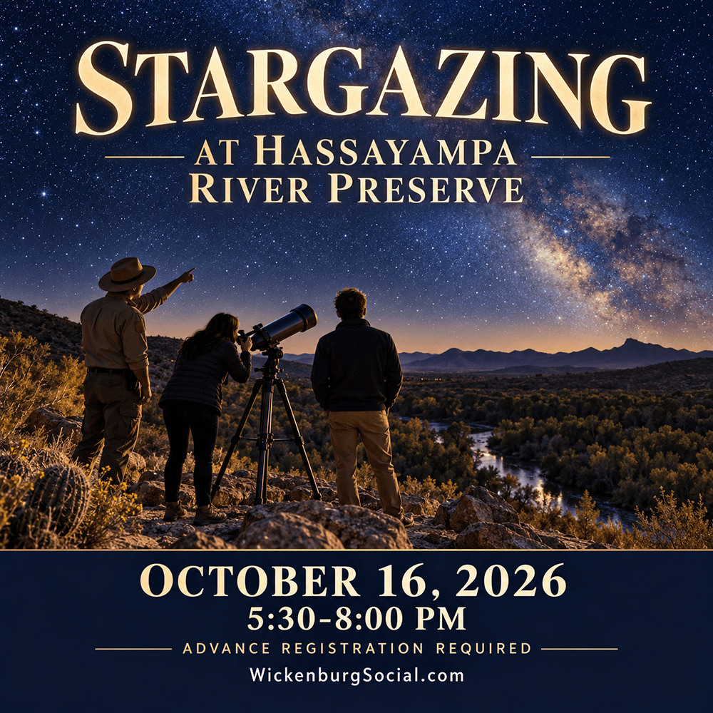 Stargazing at Hassayampa River Preserve_Wickenburg-Social Stargazing event artwork showing a ranger and visitors using a telescope beneath a star-filled sky, promoting the October 16 program at Hassayampa River Preserve.