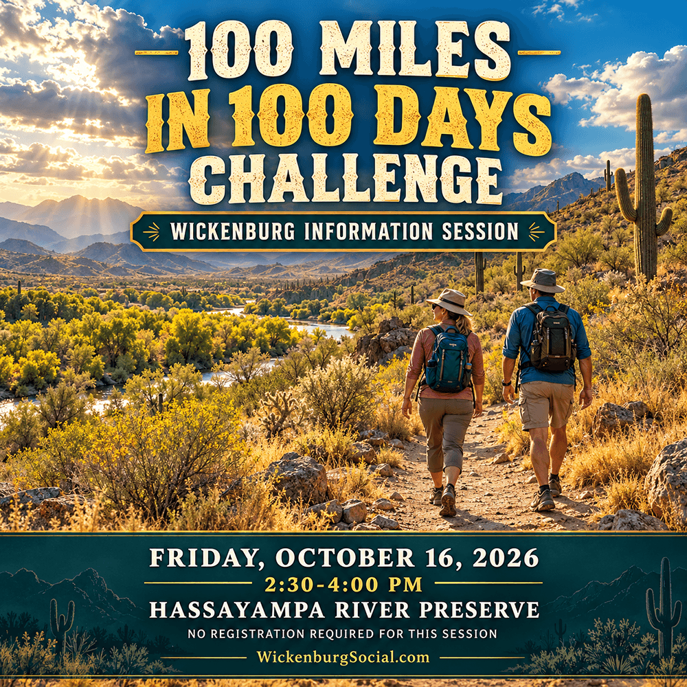 100 Miles in 100 Days Challenge artwork featuring hikers on a Sonoran Desert trail, promoting the October 16 information session at Hassayampa River Preserve.